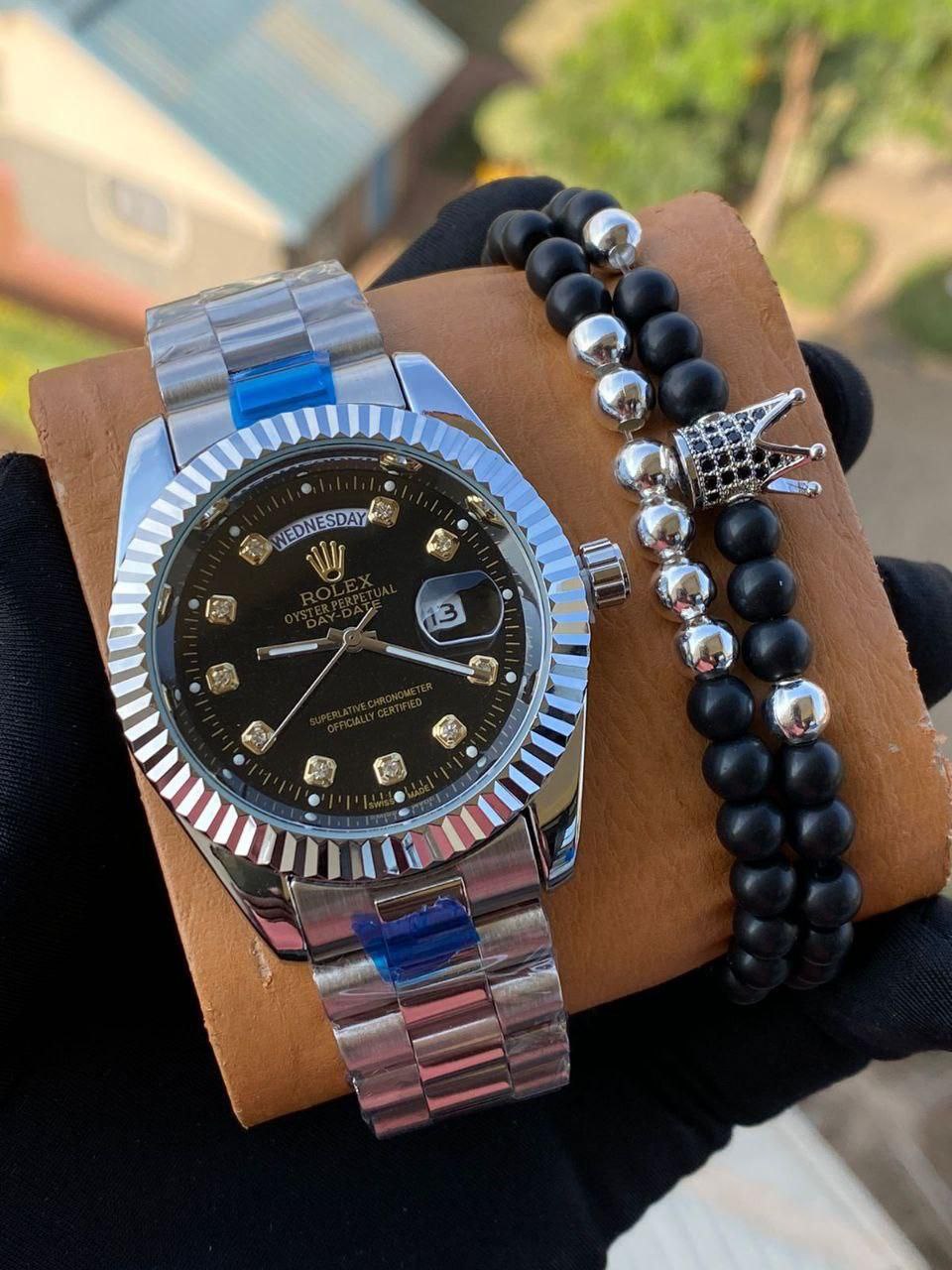 ROLEX X BANGLE FULL DAY AND DATE DISPLAY BATTERY POWERED WATER RESISTANT STAINLESS STEEL ROLEX BRANDED BOX