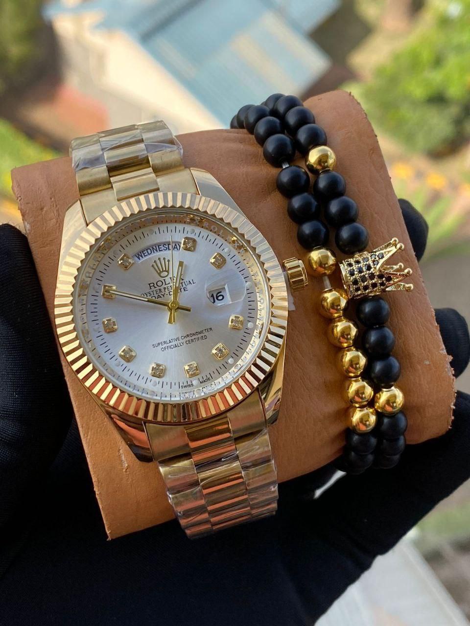 ROLEX X BANGLE FULL DAY AND DATE DISPLAY BATTERY POWERED WATER RESISTANT STAINLESS STEEL ROLEX BRANDED BOX