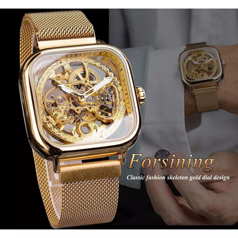 FORSINING AUTOMATIC SKELETON WATCH GOLD BLACK SILVER MESH STRAP WATER RESISTANT STAINLESS STEEL AUTOMATIC MOVEMENT COMES A BRANDED GIFT BOX