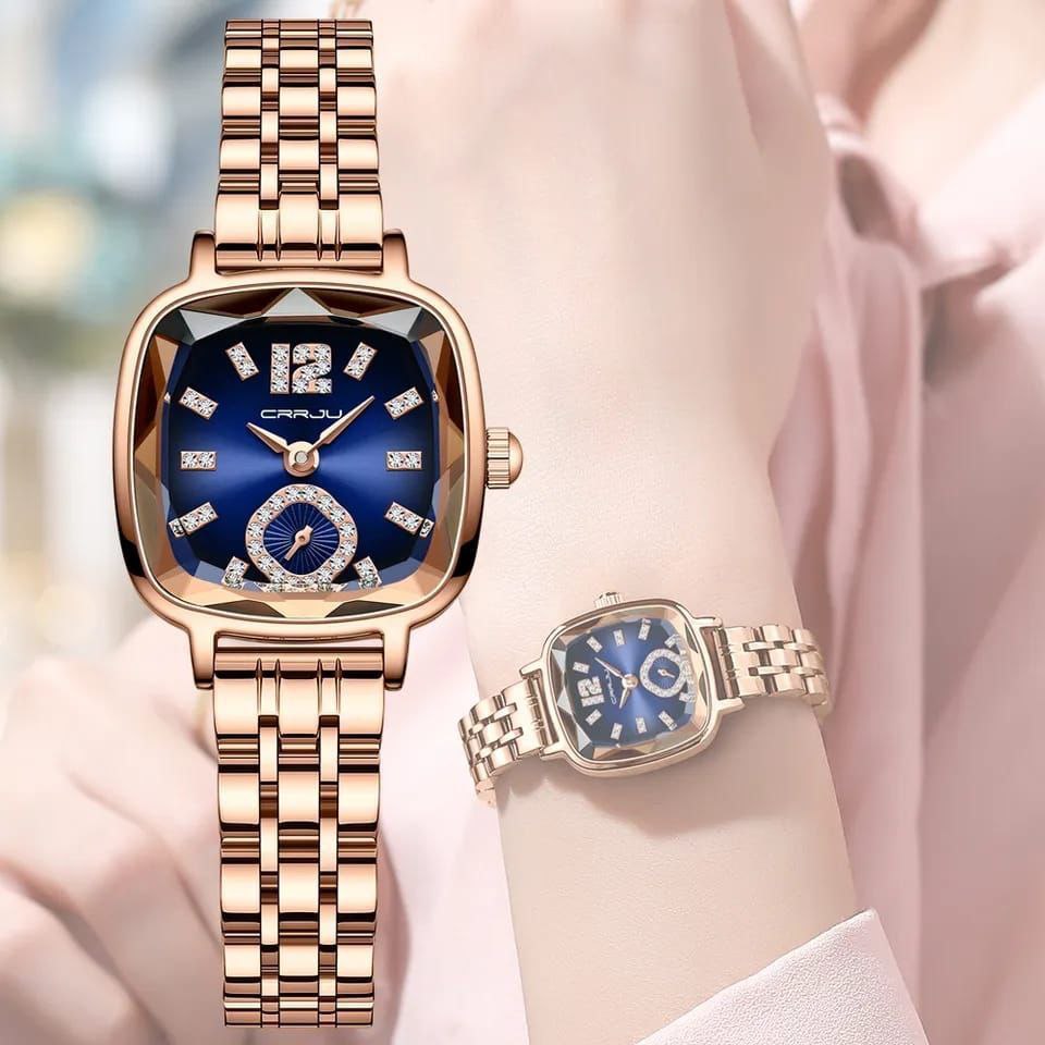CRRJU LADIES 5014 WATER RESISTANT STAINLESS STEEL BATTERY POWERED ROSE GOLD BLUE ROSE GOLD RED