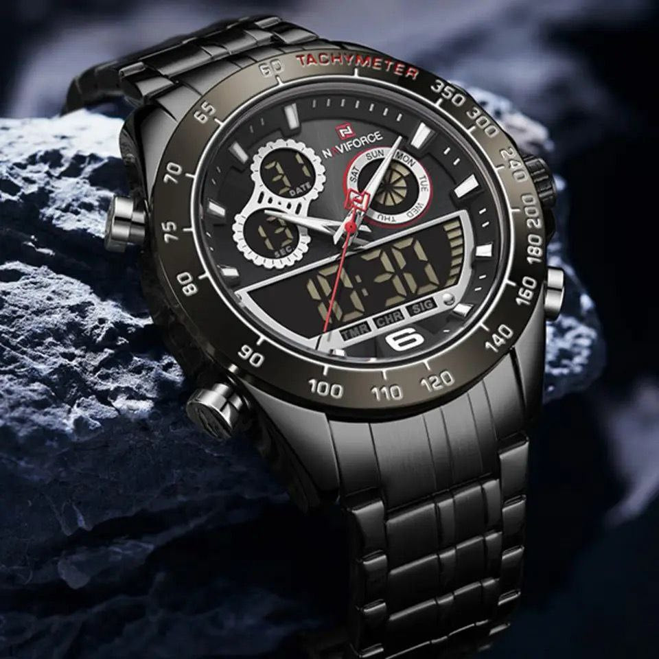 NAVIFORCE GENTS WATCH #NF 9188 ANALOGUE & DIGITAL DISPLAY LIGHT BUTTON WATER RESISTANT BATTERY POWERED GOLD SILVER SILVER-BLUE ENQUIRIES