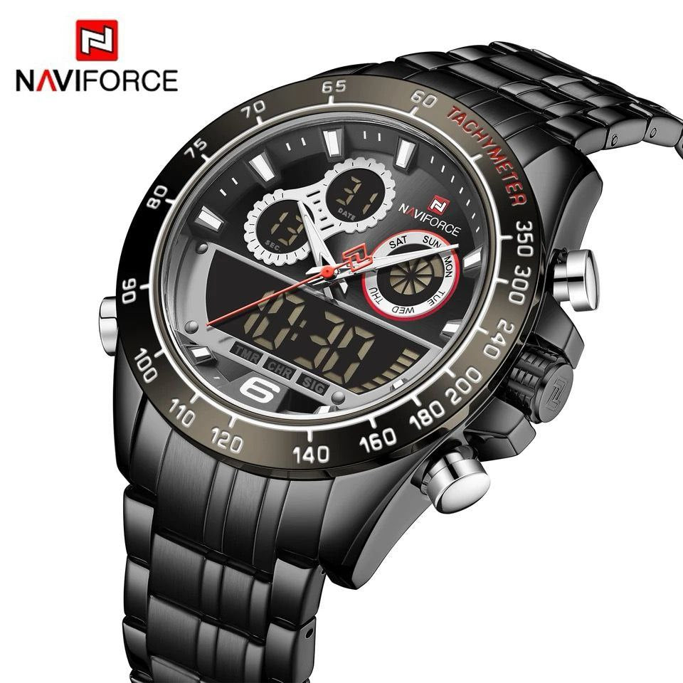 NAVIFORCE GENTS WATCH #NF 9188 ANALOGUE & DIGITAL DISPLAY LIGHT BUTTON WATER RESISTANT BATTERY POWERED GOLD SILVER SILVER-BLUE ENQUIRIES