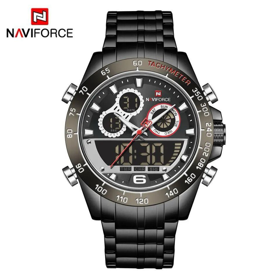 NAVIFORCE GENTS WATCH #NF 9188 ANALOGUE & DIGITAL DISPLAY LIGHT BUTTON WATER RESISTANT BATTERY POWERED GOLD SILVER SILVER-BLUE ENQUIRIES