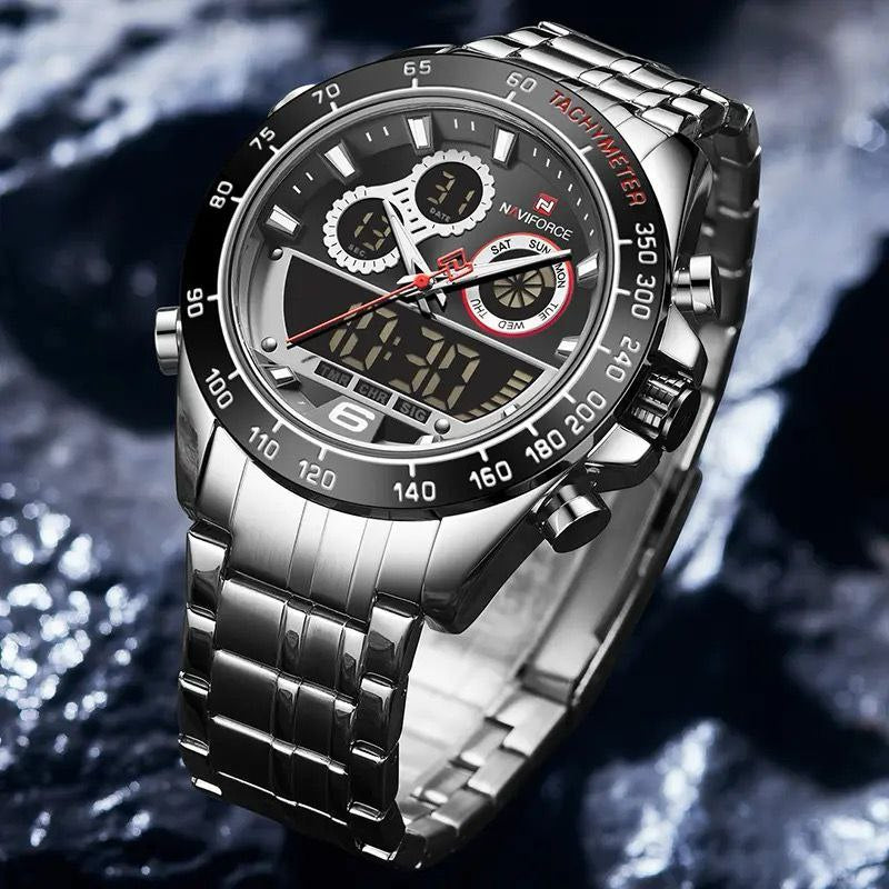NAVIFORCE GENTS WATCH #NF 9188 ANALOGUE & DIGITAL DISPLAY LIGHT BUTTON WATER RESISTANT BATTERY POWERED GOLD SILVER SILVER-BLUE ENQUIRIES