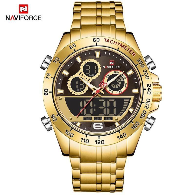 NAVIFORCE GENTS WATCH #NF 9188 ANALOGUE & DIGITAL DISPLAY LIGHT BUTTON WATER RESISTANT BATTERY POWERED GOLD SILVER SILVER-BLUE ENQUIRIES