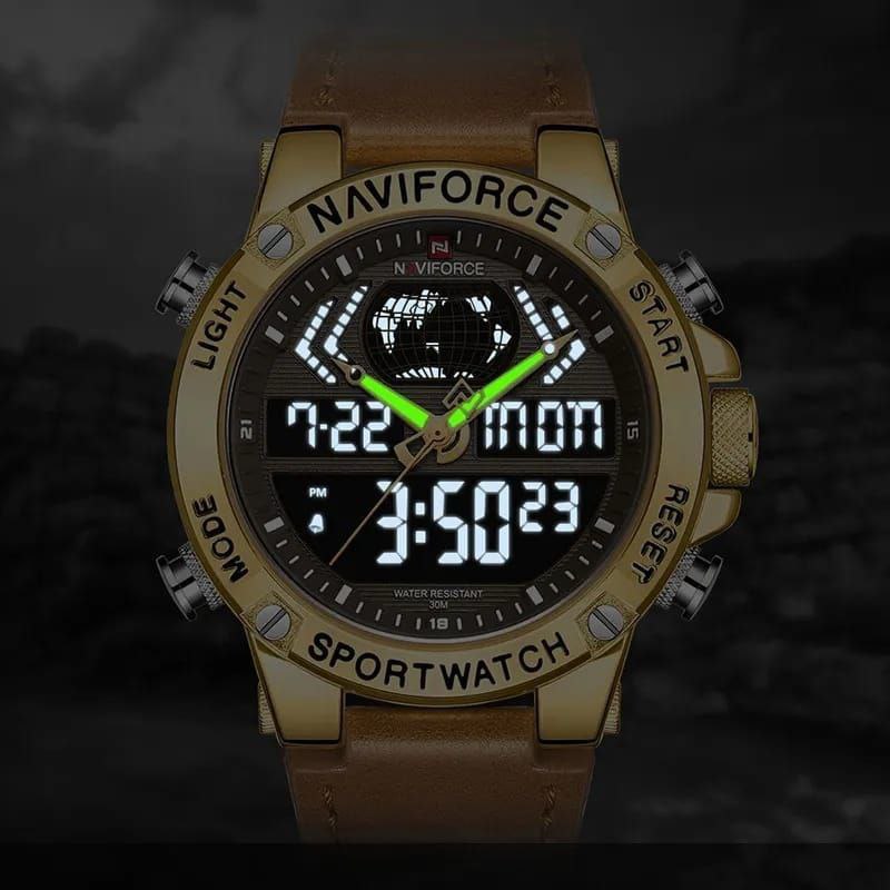 NAVIFORCE GENTS WATCH #NF 9164 ANALOGUE & DIGITAL DISPLAY LIGHT BUTTON WATER RESISTANT BATTERY POWERED BLUE BLACK BROWN ENQUIRIES