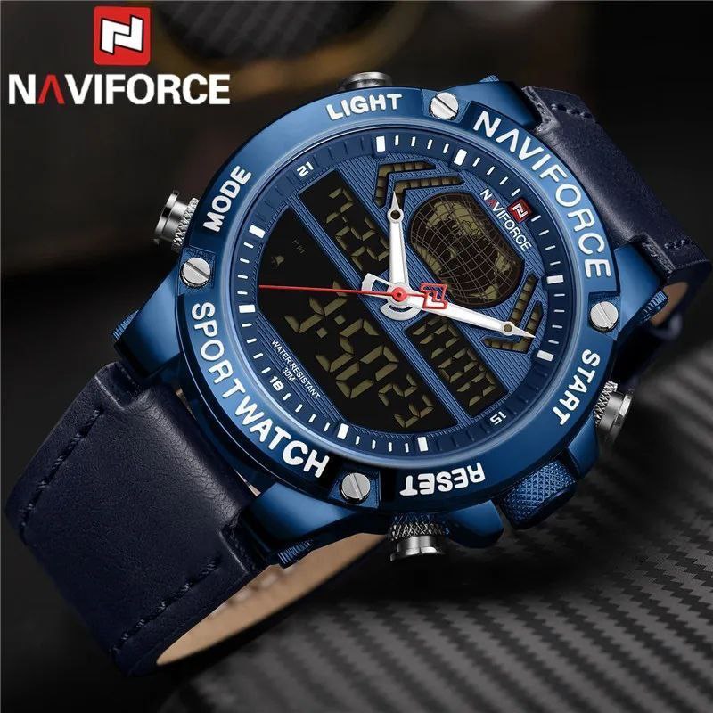 NAVIFORCE GENTS WATCH #NF 9164 ANALOGUE & DIGITAL DISPLAY LIGHT BUTTON WATER RESISTANT BATTERY POWERED BLUE BLACK BROWN ENQUIRIES