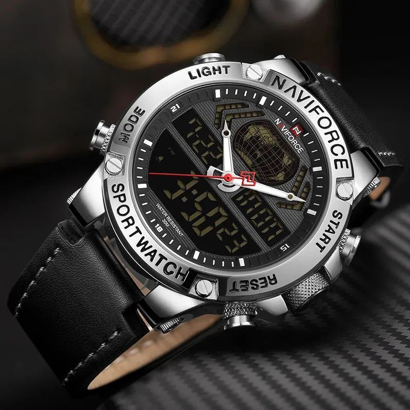 NAVIFORCE GENTS WATCH #NF 9164 ANALOGUE & DIGITAL DISPLAY LIGHT BUTTON WATER RESISTANT BATTERY POWERED BLUE BLACK BROWN ENQUIRIES