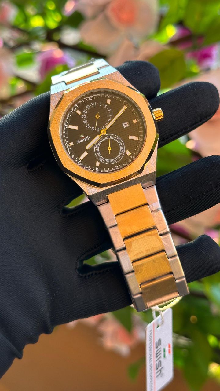 SWISH CHRONOGRAPH GENTS WATCH CHRONOGRAPH DATE DISPLAY BATTERY POWERED STAINLESS STEEL WATER RESISTANT TWO-TONE BLACKBLACK-GREEN BLACK-BLUE GOLD-BLUE