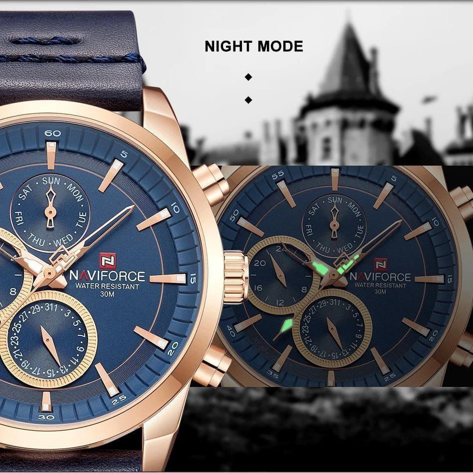 NAVIFORCE GENTS WATCH #NF 9148 CHRONOGRAPH(DAY,DATE,24 HRS CLOCK) LEATHER STRAP WATER RESISTANT BATTERY POWERED BROWNBLUE WHITEROSEGOLD BLUE
