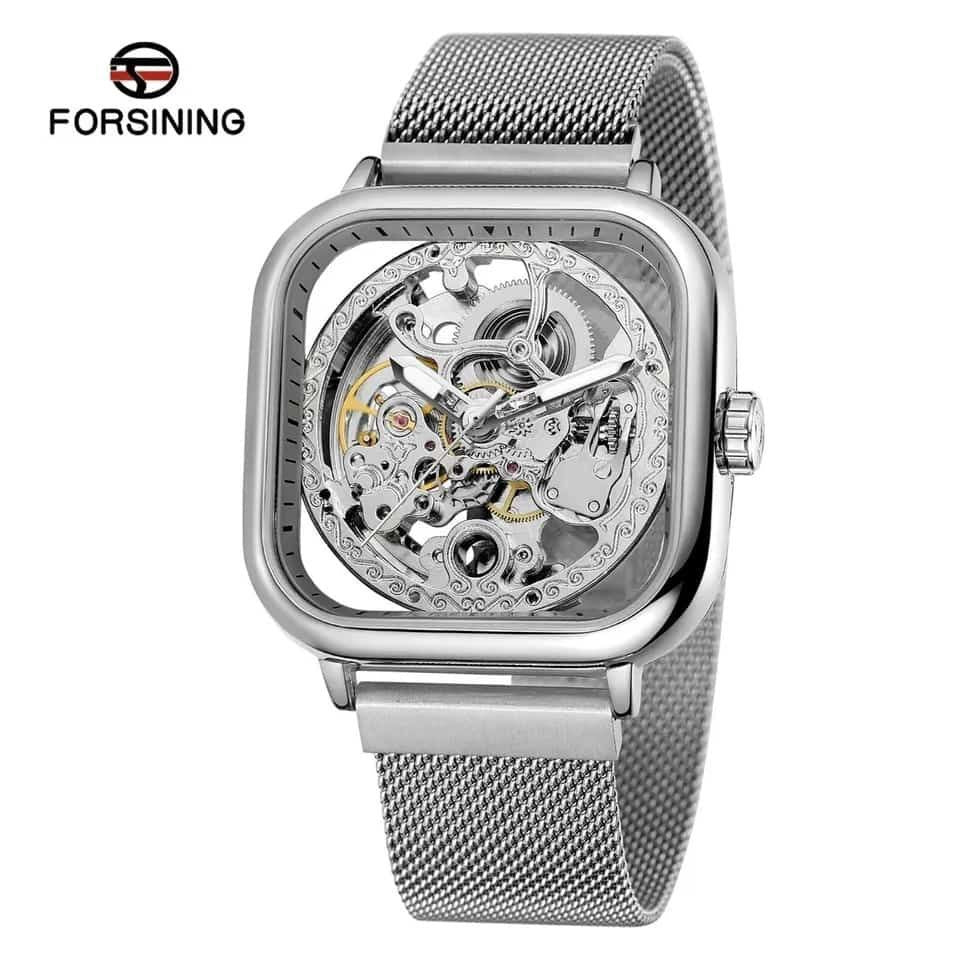 FORSINING AUTOMATIC SKELETON WATCH GOLD BLACK SILVER MESH STRAP WATER RESISTANT STAINLESS STEEL AUTOMATIC MOVEMENT COMES A GIFT BOX