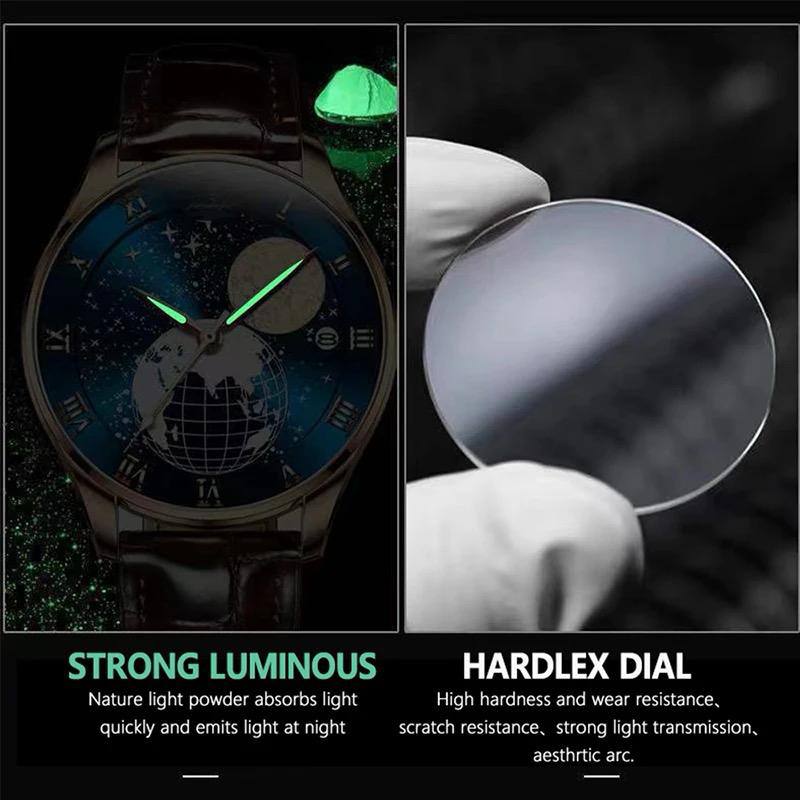 POEDAGAR GENTS WATCH #P803 FINELY POLISHED LEATHER STRAPS BATTERY POWERED LUMINOUS ARMS GLOBE/SPACE INSPIRED DESIGN