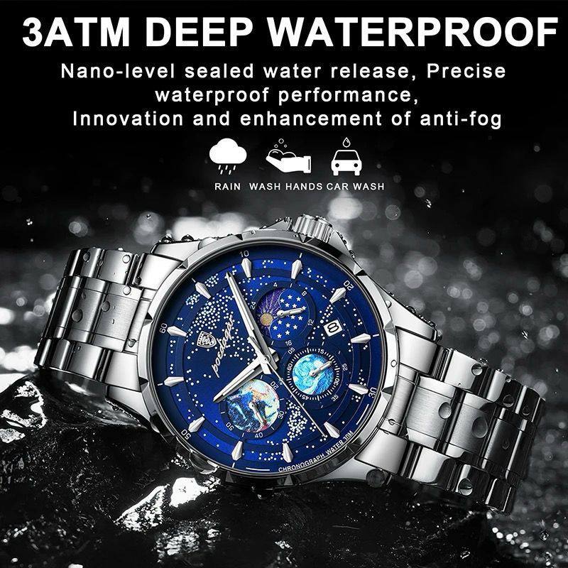 POEDAGAR MEN WATCH CHRONOGRAPH FUNCTIONAL MOONPHASE STAINLESS STEEL FINISH DATE DISPLAY SPACE DESIGN INSPIRED
