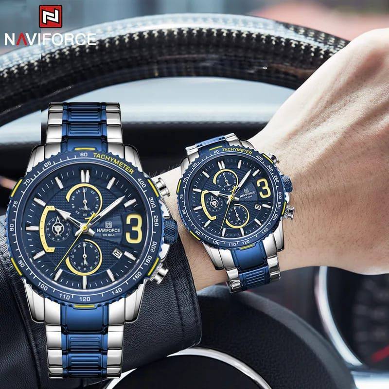 #NAVIFORCE GENTS WATCH #NF 8017 DATE DISPLAY LUMINOUS WATER RESISTANT BATTERY POWERED CHRONOGRAPH FUNCTION SILVER-GREEN SILVER-BLUE SILVER-RED ENQUIRIES