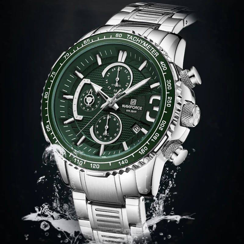 #NAVIFORCE GENTS WATCH #NF 8017 DATE DISPLAY LUMINOUS WATER RESISTANT BATTERY POWERED CHRONOGRAPH FUNCTION SILVER-GREEN SILVER-BLUE SILVER-RED ENQUIRIES