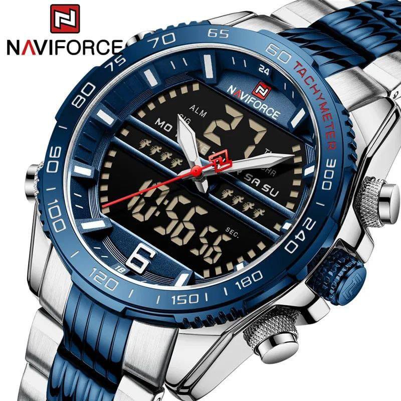 #NAVIFORCE GENTS WATCH #NF 8017 DATE DISPLAY LUMINOUS WATER RESISTANT BATTERY POWERED CHRONOGRAPH FUNCTION SILVER-GREEN SILVER-BLUE SILVER-RED ENQUIRIES
