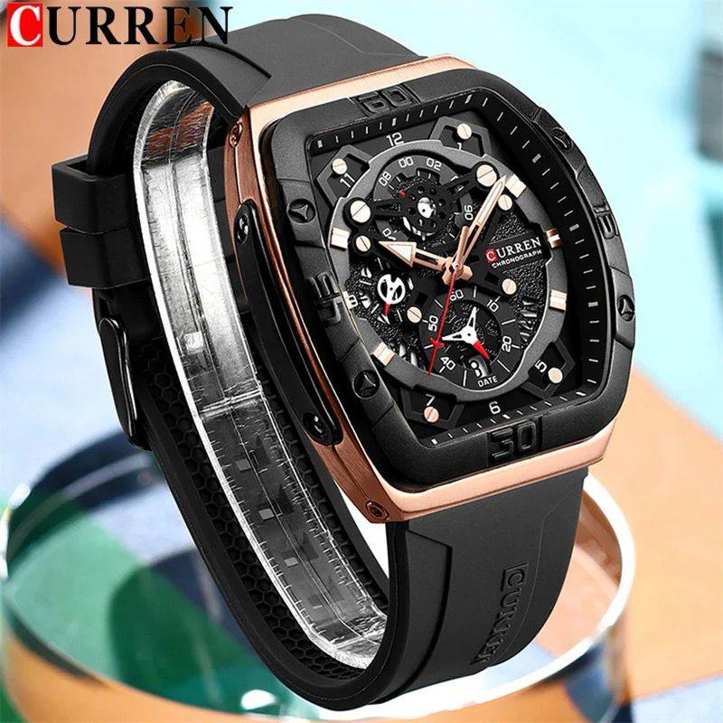 CURREN CHRONOGRAPH GENTS WATCH #8443 RUBBER STRAP CHRONOGRAPH MOVEMENT DATE DISPLAY BATTERY POWERED CURREN BRENDED BOX