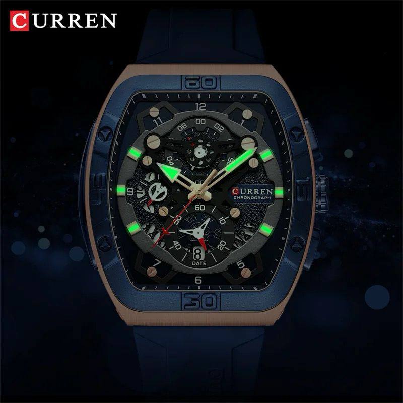 CURREN CHRONOGRAPH GENTS WATCH #8443 RUBBER STRAP CHRONOGRAPH MOVEMENT DATE DISPLAY BATTERY POWERED CURREN BRENDED BOX