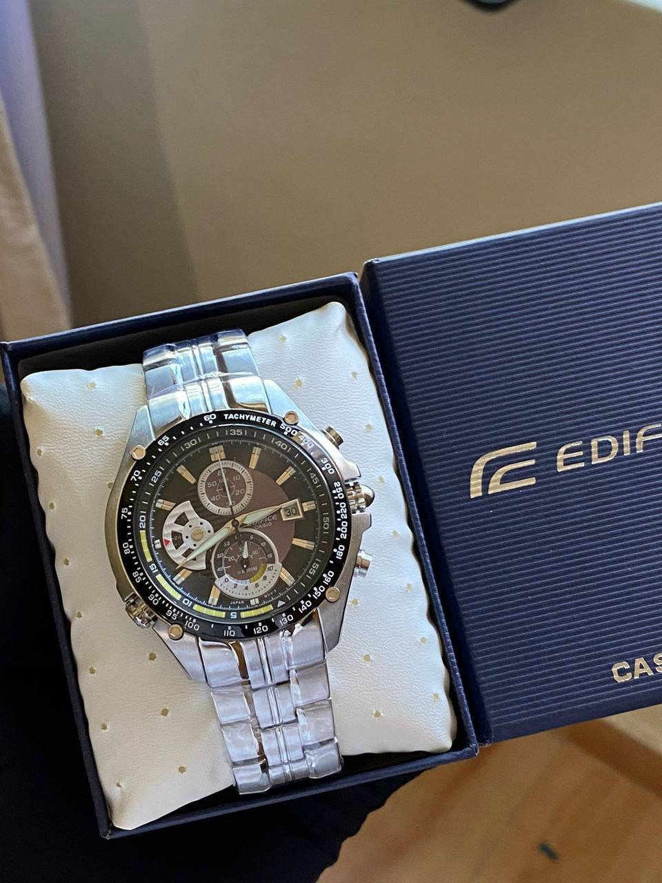 CASIO EDIFICE DAY AND DATE DISPLAY FULL CHRONOGRAPH NON FADE STOPWATCH WATERPROOF COMES CASIO EDIFICE BRANDED BOX AND MANUAL ENQUIRIES