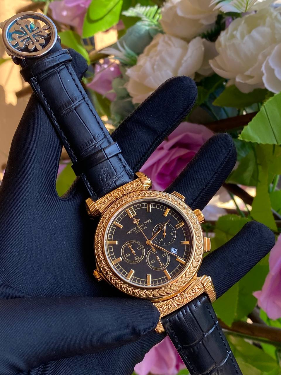 DOUBLE SIDED PATEK PHILLIPE DATE DISPLAY POLISHED LEATHER STRAP CHRONOGRAPH WATER RESISTANT BATTERY POWERED ENQUIRIES AND