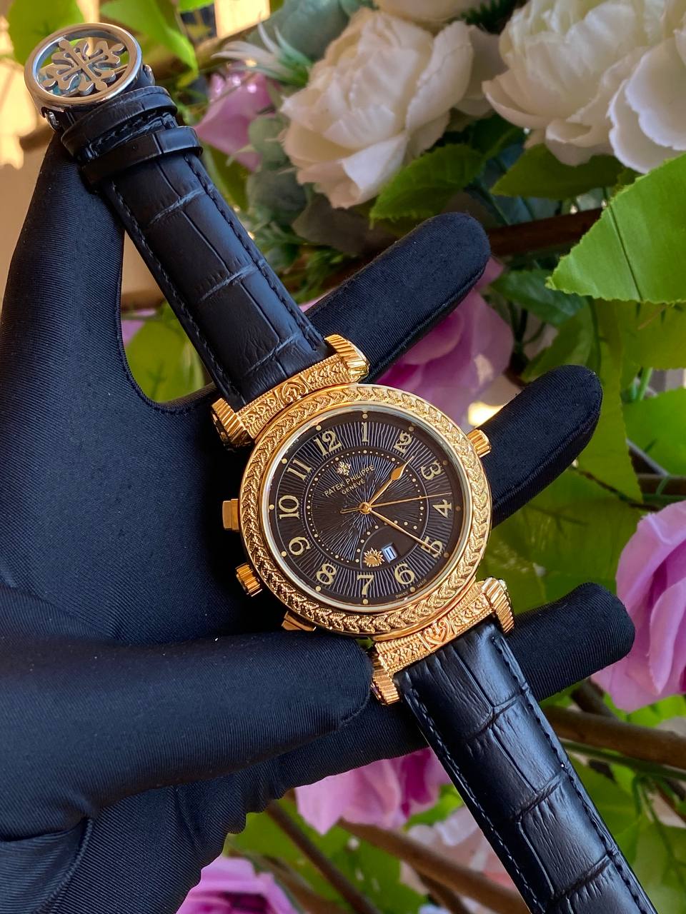 DOUBLE SIDED PATEK PHILLIPE DATE DISPLAY POLISHED LEATHER STRAP CHRONOGRAPH WATER RESISTANT BATTERY POWERED ENQUIRIES AND