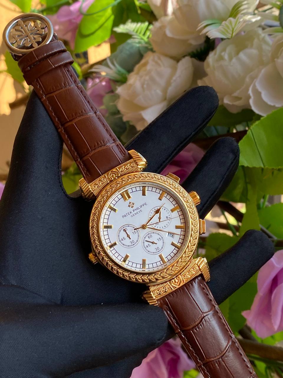 DOUBLE SIDED PATEK PHILLIPE DATE DISPLAY POLISHED LEATHER STRAP CHRONOGRAPH WATER RESISTANT BATTERY POWERED ENQUIRIES AND