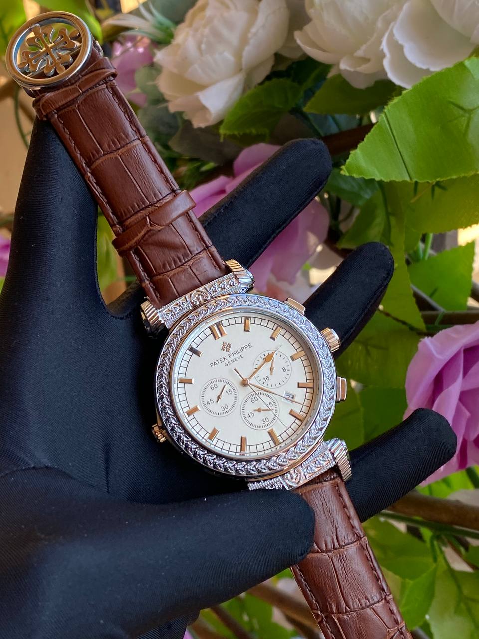 DOUBLE SIDED PATEK PHILLIPE DATE DISPLAY POLISHED LEATHER STRAP CHRONOGRAPH WATER RESISTANT BATTERY POWERED ENQUIRIES AND