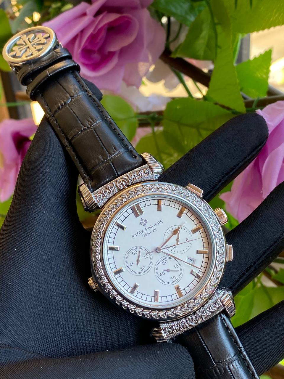 DOUBLE SIDED PATEK PHILLIPE DATE DISPLAY POLISHED LEATHER STRAP CHRONOGRAPH WATER RESISTANT BATTERY POWERED ENQUIRIES AND