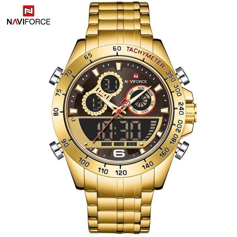 NAVIFORCE GENTS WATCH #NF 9188 ANALOGUE & DIGITAL DISPLAY LIGHT BUTTON WATER RESISTANT BATTERY POWERED GOLD SILVER ENQUIRIES