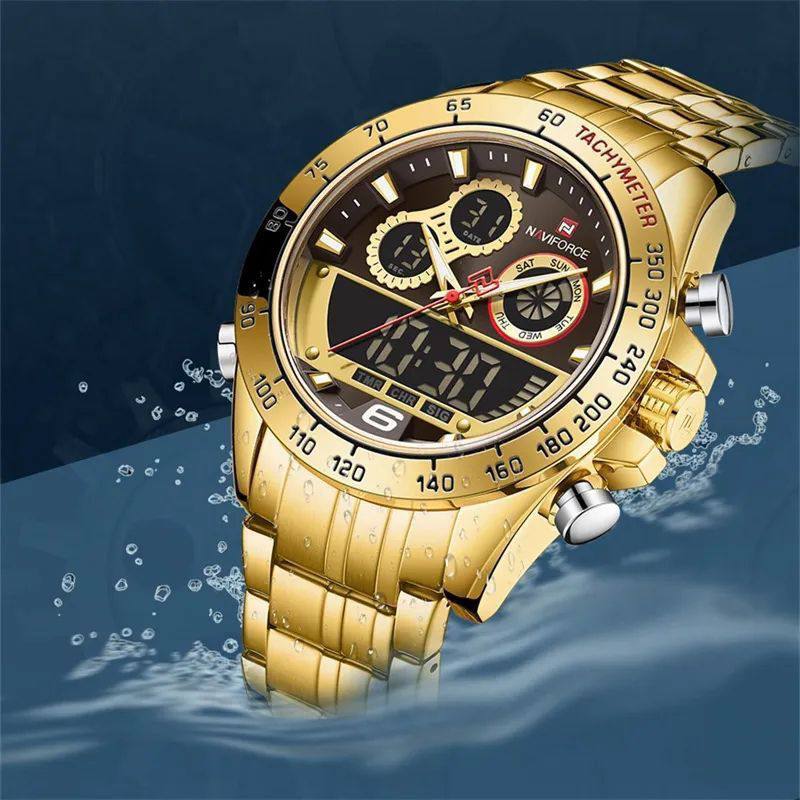 NAVIFORCE GENTS WATCH #NF 9188 ANALOGUE & DIGITAL DISPLAY LIGHT BUTTON WATER RESISTANT BATTERY POWERED GOLD SILVER ENQUIRIES