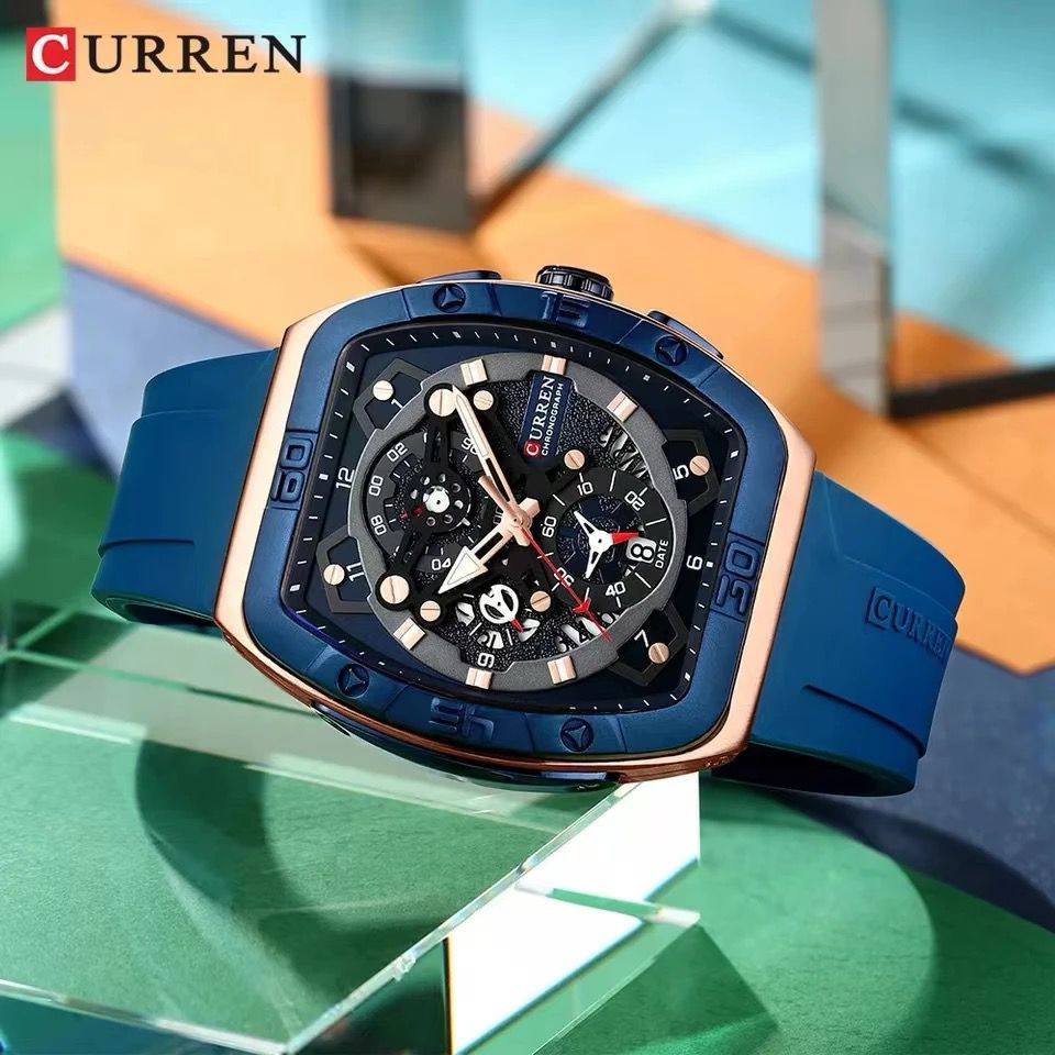 CURREN CHRONOGRAPH GENTS WATCH #8443 RUBBER STRAP CHRONOGRAPH MOVEMENT DATE DISPLAY BATTERY POWERED CURREN BRENDED BOX