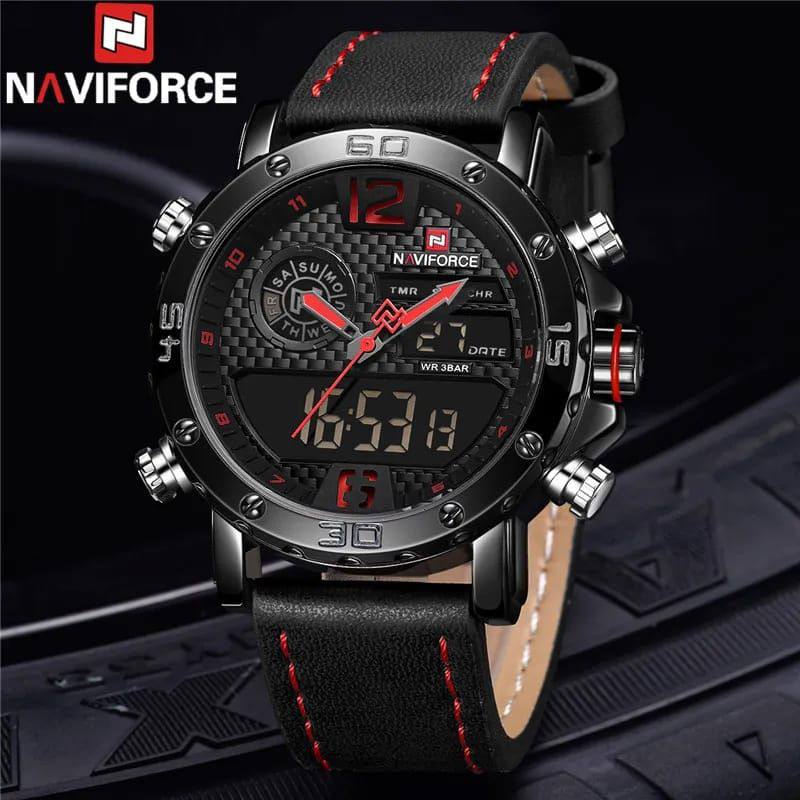 #NAVIFORCE GENTS WATCH #NF 9134 ANALOGUE & DIGITAL DISPLAY LIGHT BUTTON WATER RESISTANT BATTERY POWERED BLACK-RED BROWN BLACK