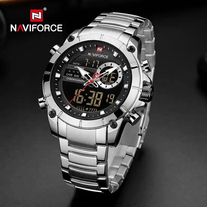 NAVIFORCE GENTS WATCH #NF 9163 ANALOGUE & DIGITAL DISPLAY LIGHT BUTTON WATER RESISTANT BATTERY POWERED SILVER BLACK BLUE