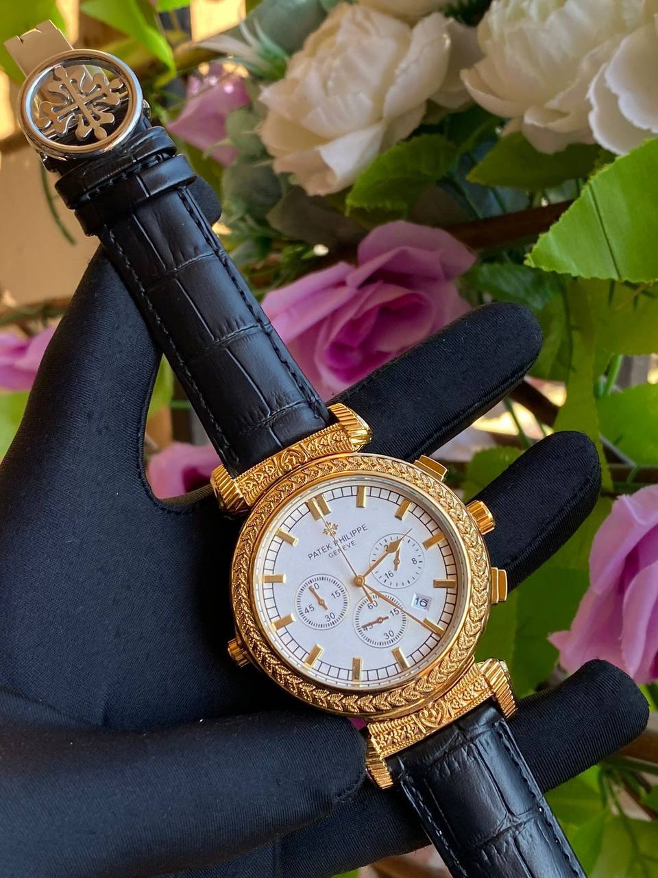 DOUBLE SIDED PATEK PHILLIPE GENTS WATCH DATE DISPLAY POLISHED LEATHER STRAP CHRONOGRAPH WATER RESISTANT BATTERY POWERED ENQUIRIES AND