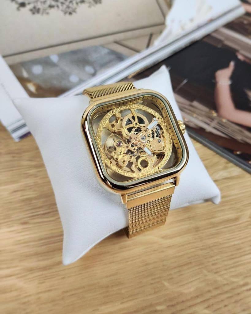 FORSINING AUTOMATIC SKELETON WATCH GOLD BLACK MESH STRAP WATER RESISTANT STAINLESS STEEL AUTOMATIC MOVEMENT COMES A GIFT BOX
