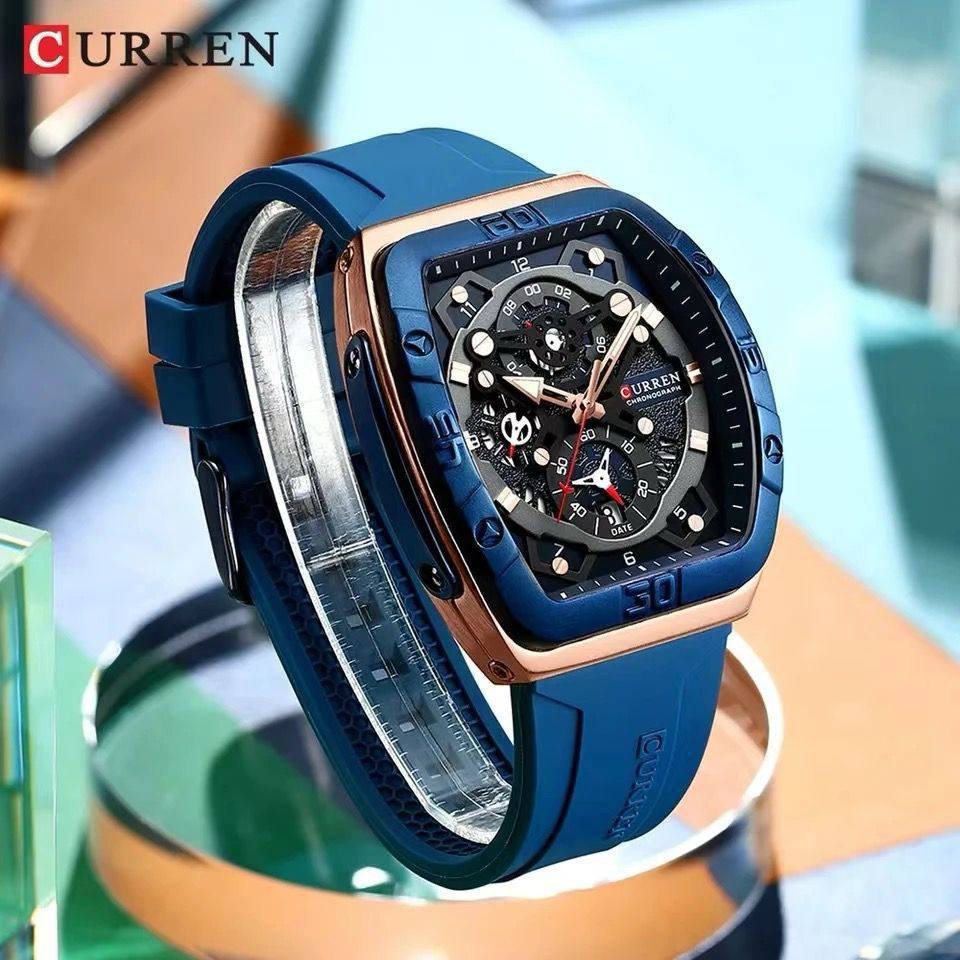 CURREN CHRONOGRAPH GENTS WATCH #8443 RUBBER STRAP CHRONOGRAPH MOVEMENT DATE DISPLAY BATTERY POWERED CURREN BRANDED BOX