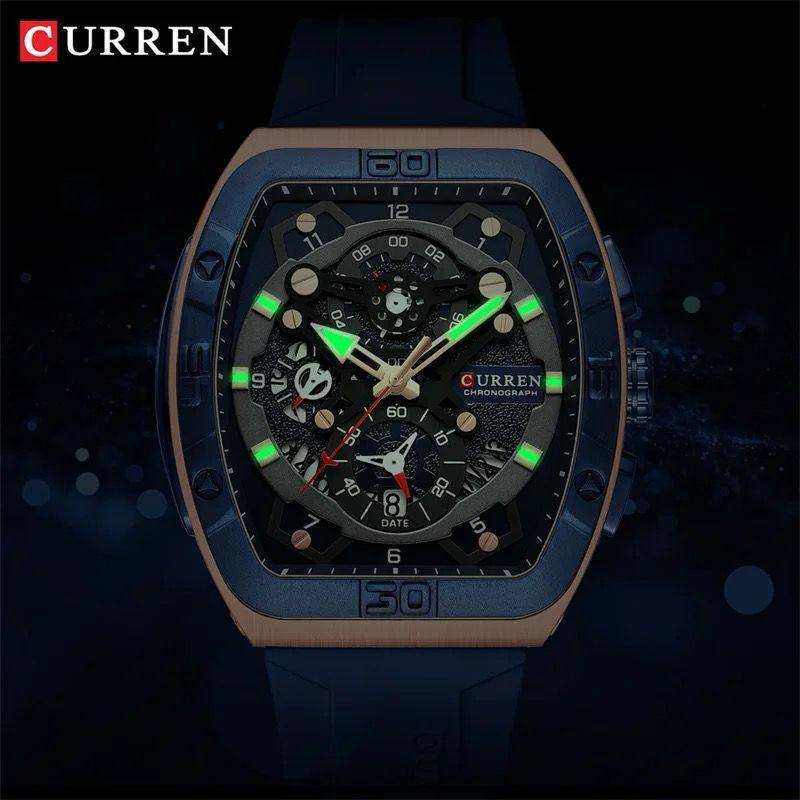 CURREN CHRONOGRAPH GENTS WATCH #8443 RUBBER STRAP CHRONOGRAPH MOVEMENT DATE DISPLAY BATTERY POWERED CURREN BRANDED BOX