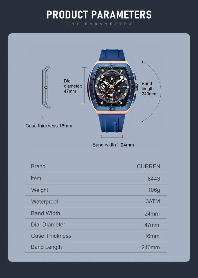 CURREN CHRONOGRAPH GENTS WATCH #8443 RUBBER STRAP CHRONOGRAPH MOVEMENT DATE DISPLAY BATTERY POWERED CURREN BRANDED BOX