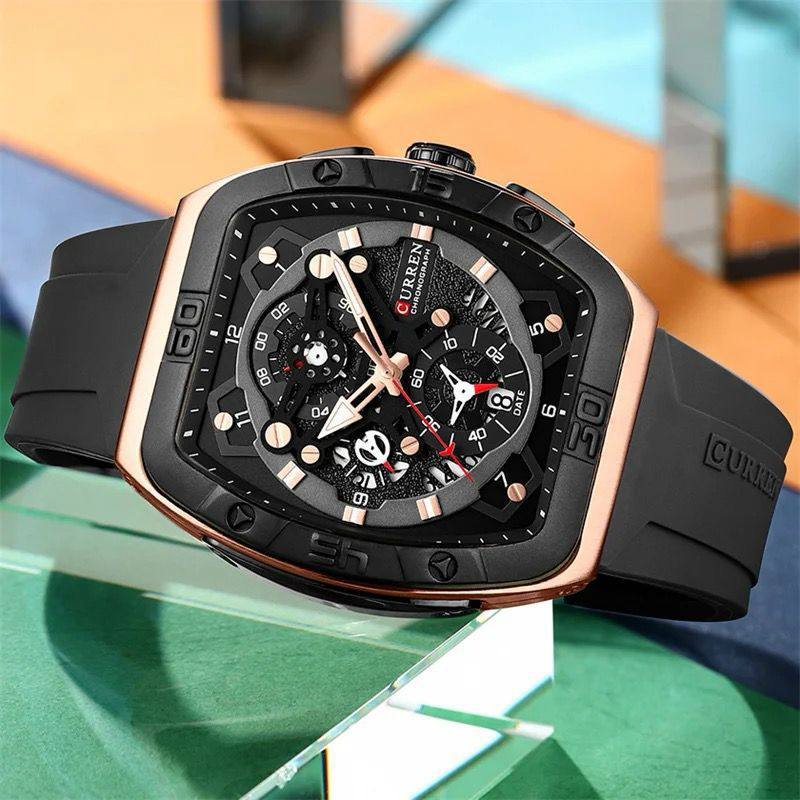 CURREN CHRONOGRAPH GENTS WATCH #8443 RUBBER STRAP CHRONOGRAPH MOVEMENT DATE DISPLAY BATTERY POWERED CURREN BRANDED BOX