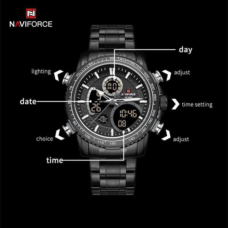 NAVIFORCE GENTS WATCH #NF 9182 ANALOGUE & DIGITAL DISPLAY LIGHT BUTTON WATER RESISTANT BATTERY POWERED 3 COLOR OPTIONS ENQUIRIES