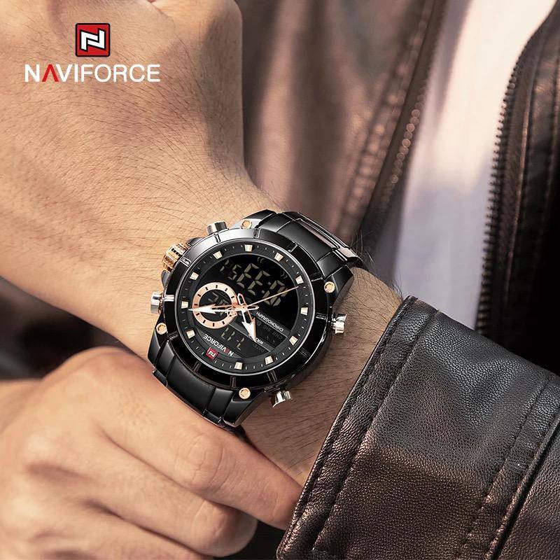 NAVIFORCE GENTS WATCH #NF 9163 ANALOGUE & DIGITAL DISPLAY LIGHT BUTTON WATER RESISTANT BATTERY POWERED SILVER BLACK