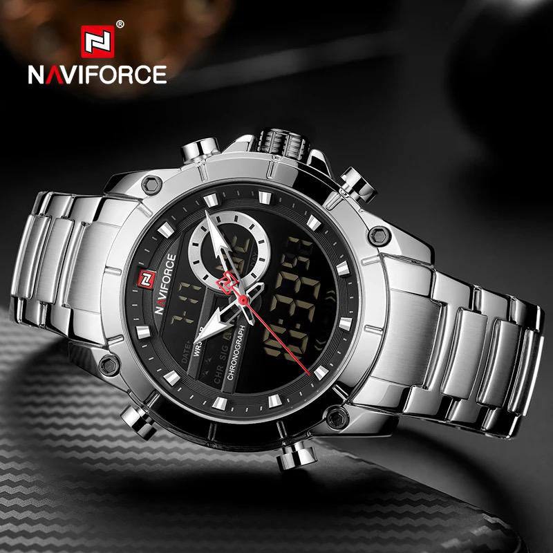 NAVIFORCE GENTS WATCH #NF 9163 ANALOGUE & DIGITAL DISPLAY LIGHT BUTTON WATER RESISTANT BATTERY POWERED SILVER BLACK