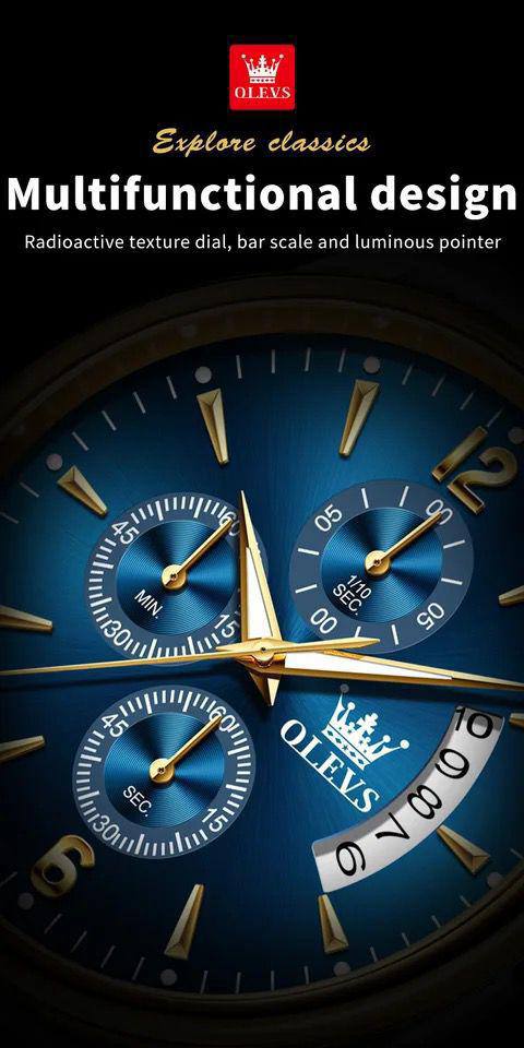 OLEVS CHRONOGRAPH MEN WATCH CHRONOGRAPH MOVEMENT DATE DISPLAY STRONG LUMINOUS FUNCTION BATTERY POWERED STAINLESS STEEL WATER RESISTANT OLEVS BRANDED BOX