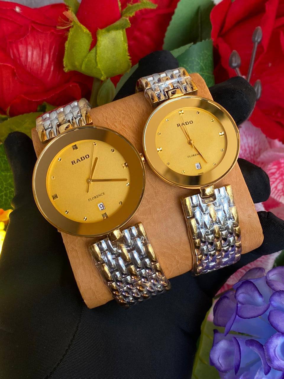 RADO FLORENCE COUPLE SET SINGLE PIECE SAPPHIRE CRYSTAL DATE DISPLAY NON FADE RANK A WATER SEALED BATTERY POWERED STAINLESS STEEL ENQUIRIES