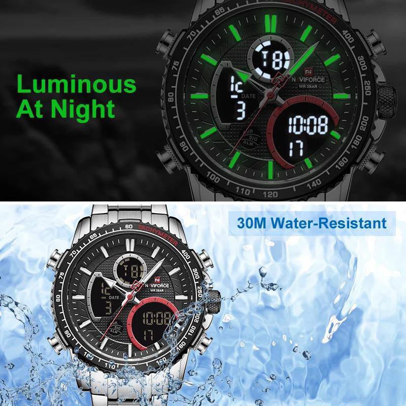NAVIFORCE GENTS WATCH #NF 9182 ANALOGUE & DIGITAL DISPLAY LIGHT BUTTON WATER RESISTANT BATTERY POWERED 2 COLOR OPTIONS ENQUIRIES