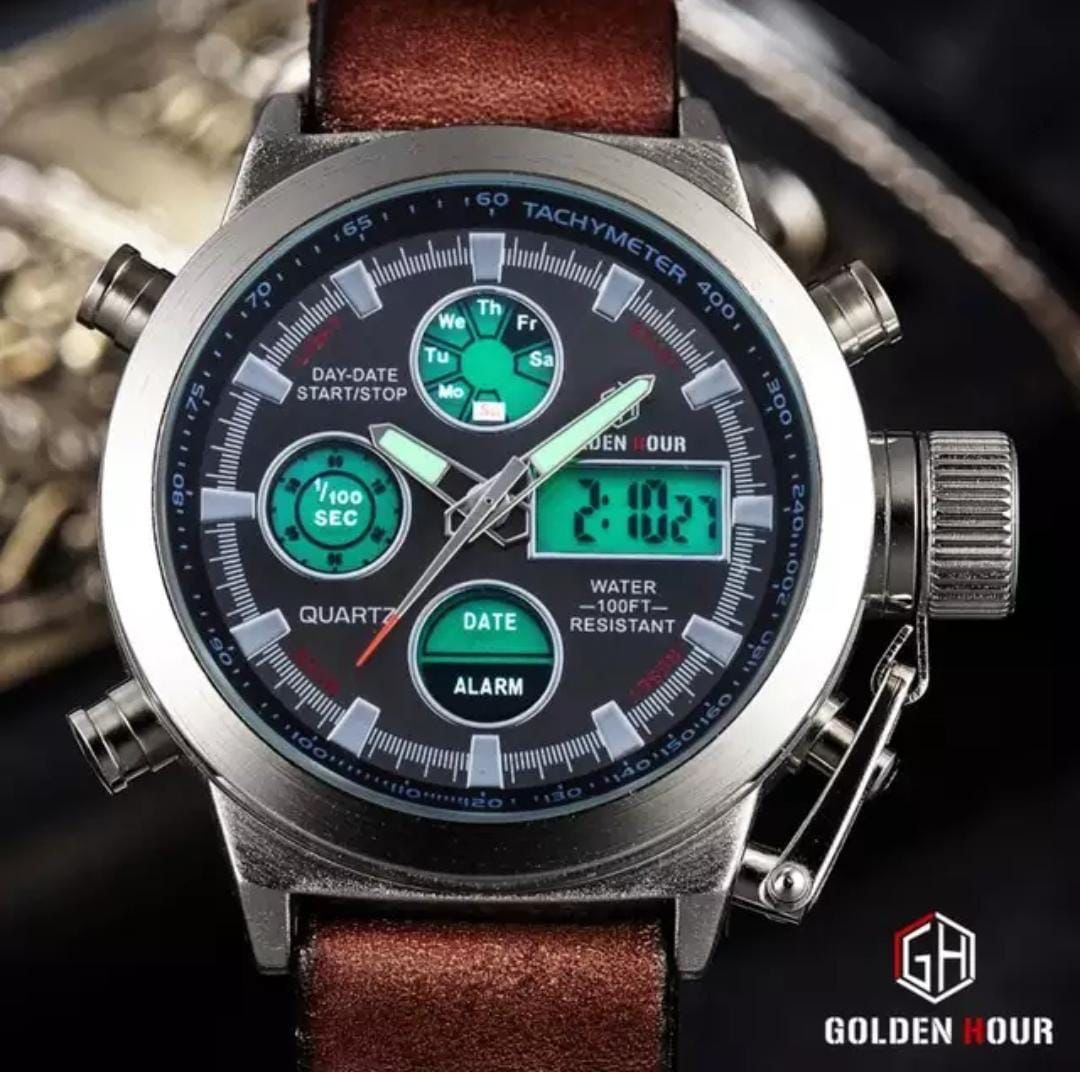 GOLDEN HOUR LEATHER STRAP DUAL TIME