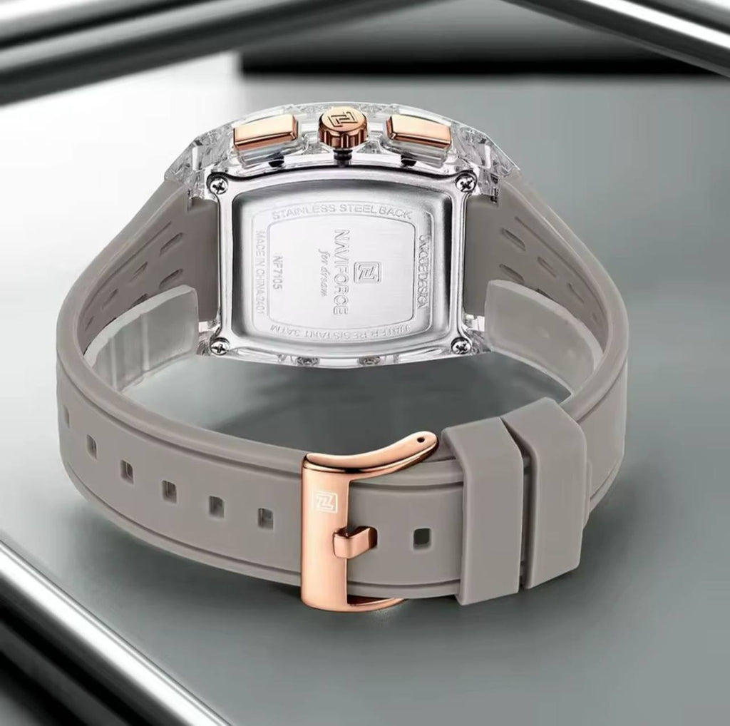 NAVIFORCE NF7105 CHRONOGRAPH TRANSPARENT DESIGN WATERPROOF SILICON STRAP DATE DISPLAY & ENQUIRIES