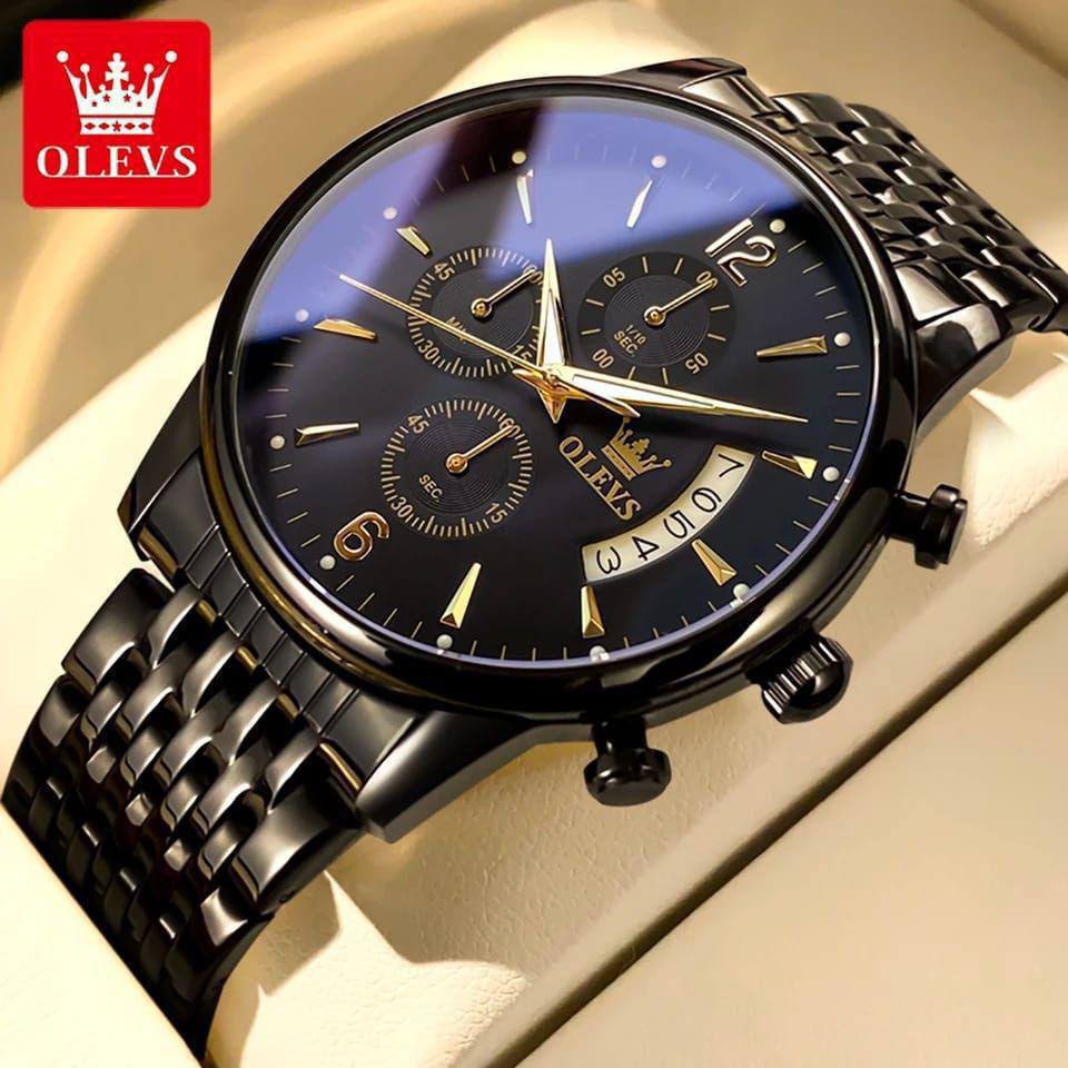 OLEVS CHRONOGRAPH MEN WATCH CHRONOGRAPH MOVEMENT DATE DISPLAY STRONG LUMINOUS FUNCTION BATTERY POWERED STAINLESS STEEL WATER RESISTANT OLEVS BRANDED BOX