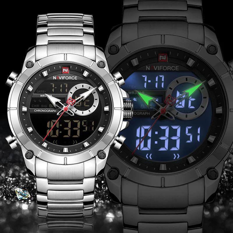 NAVIFORCE GENTS WATCH #NF 9163 ANALOGUE & DIGITAL DISPLAY LIGHT BUTTON WATER RESISTANT BATTERY POWERED SILVER BLACK