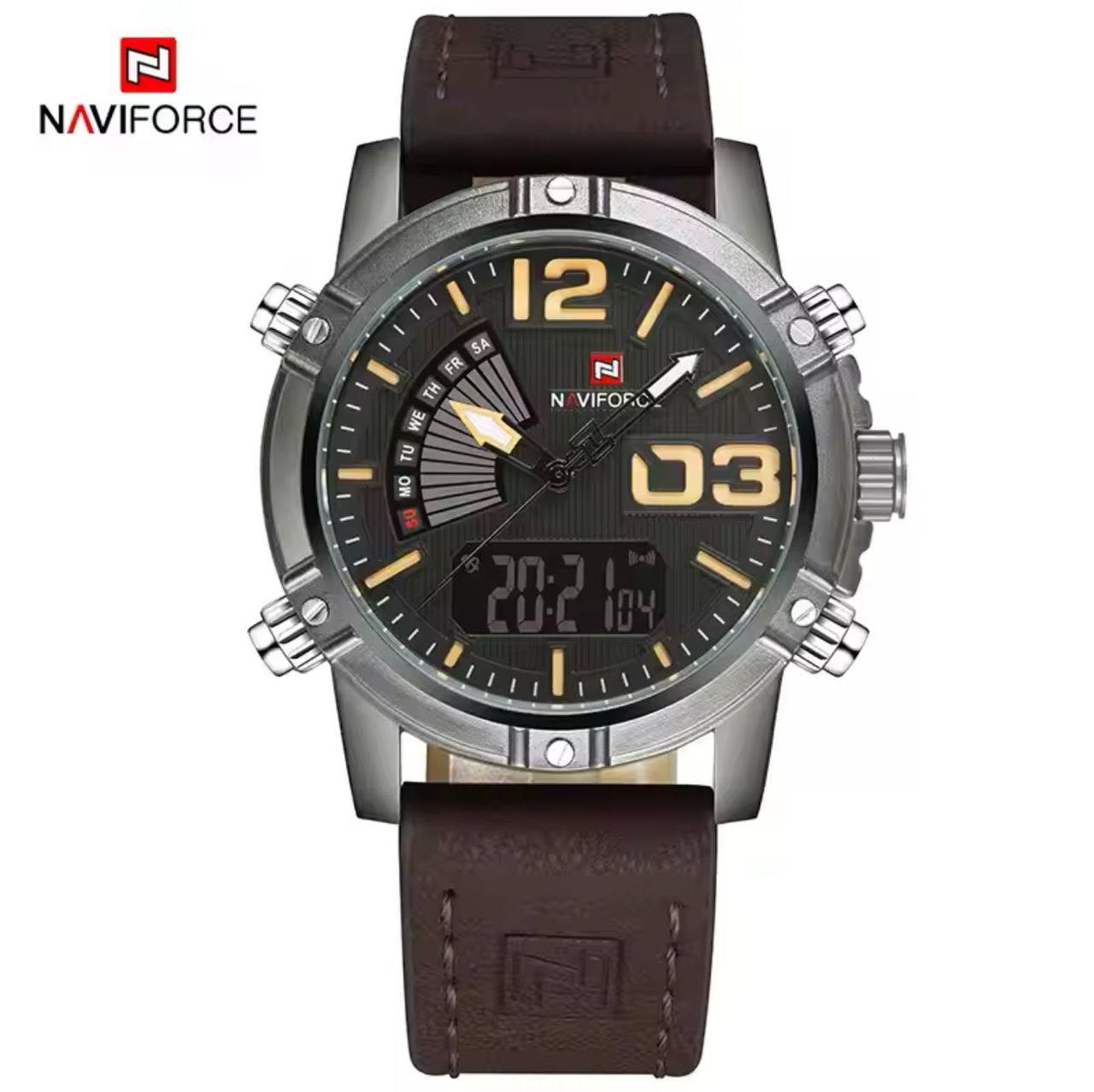 NAVIFORCE GENTS WATCH #NF 9095 ANALOGUE AND DIGITAL DISPLAY LIGHT BUTTON WATER RESISTANT BATTERY POWERED LEATHER STRAP ENQUIRIES